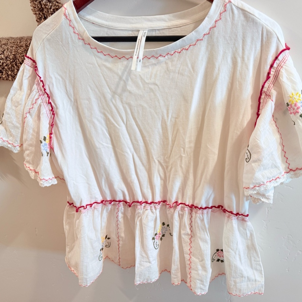 Anthropologie White Top with Pink Stitching